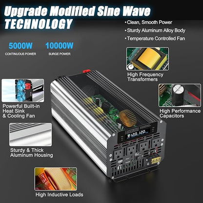 5000W Power Inverter 12V to 110V/120V DC to AC with LCD Display, Remote Controller and 4 x AC Outlets Car Adapter for Car Truck Boat RV Off Grid Solar System