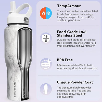 SENDESTAR 32oz Water Bottle Wide Mouth Stainless Steel Vacuum Insulated Double Wall with 2 Straw Lids Fit in Any Car Cup Holder TXIN-32-Marbling