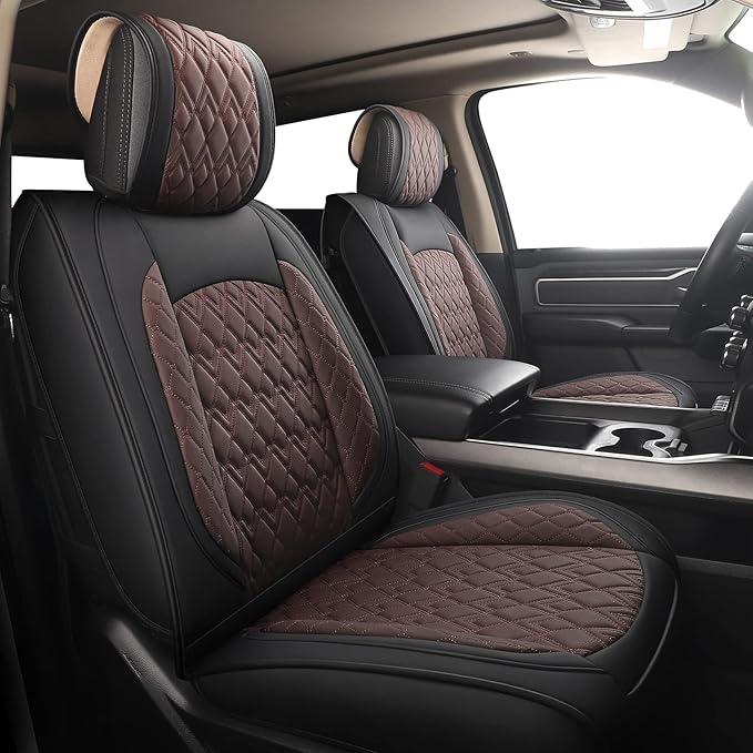 JOJOBAY Car Seat Covers for Dodge Ram 2 Pcs Front,Fit Ram 2009-2025 1500/2500/3500 Pick-up Truck,Crew,Regular,Quad,Mega Cab,Waterproof Leather Seat Covers Protectors（2PCS Front,Black-Brown）