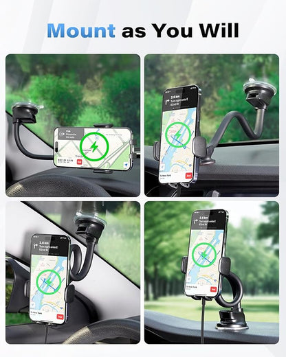 1Zero Solid Car Truck Phone Mount Wireless Charger Holder with 14-Inch Gooseneck Long Arm for iPhone 15 Pro Max Plus 14 13 12 11 XS X Samsung S24 Ultra S23 S22 S22 S21 S20 Pixel 9 Pro XL 8 7 6 5 4