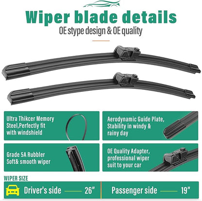 26" 19" 12" Windshield Wiper Blades Replacement for Jaguar F-Pace Fpace 2017 2018 2019 2020 2021 2022 2023 2024 Premium All Weather Front Rear Wipers Set - OEM Quality (Pack of 3)