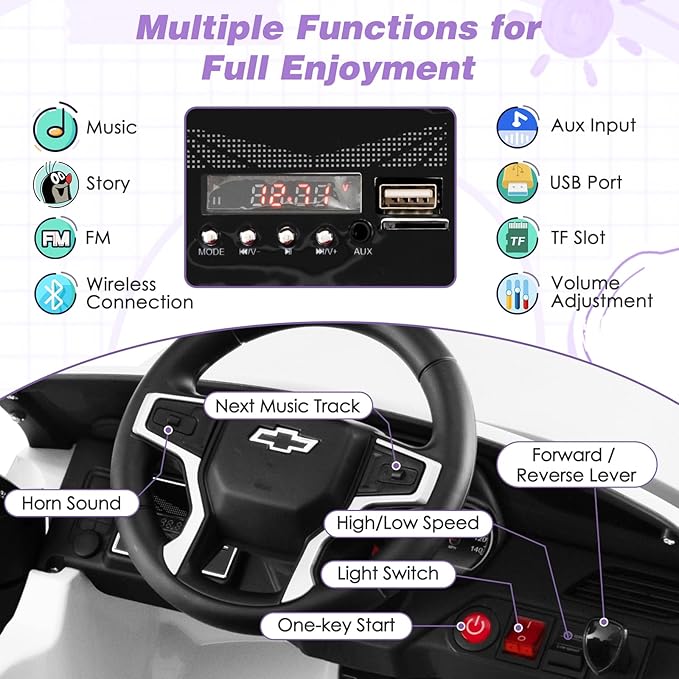 HONEY JOY Ride On Truck, 12V Licensed Chevrolet Tahoe, Chevy Electric Vehicle for Kids, Soft Start, Music, Lights, Battery Powered Ride On Car Toy with Remote Control, Gift for Boys Girls (White)