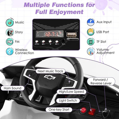 HONEY JOY Ride On Truck, 12V Licensed Chevrolet Tahoe, Chevy Electric Vehicle for Kids, Soft Start, Music, Lights, Battery Powered Ride On Car Toy with Remote Control, Gift for Boys Girls (White)