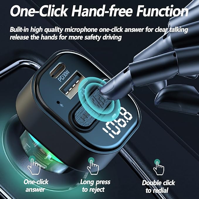 Bluetooth 5.3 FM Transmitter for Car, Bluetooth Car Adapter with Type-C PD(30W) Charger and QC3.0 USB Port, Wireless FM Radio Transmitter, Support MP3 Player, Handsfree Calling, LED Backlit,U Disk