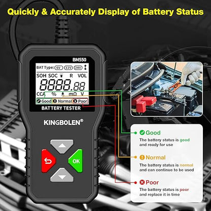 KINGBOLEN BM550 6V 12V 24V Car Battery Tester, 100-2000 CCA Voltage Tester 2Ah-220Ah Internal Resistance Tester Accurate Digital Auto Battery Analyzer for Cars Trucks SUV ATV Boats Motorcycles Vehicle