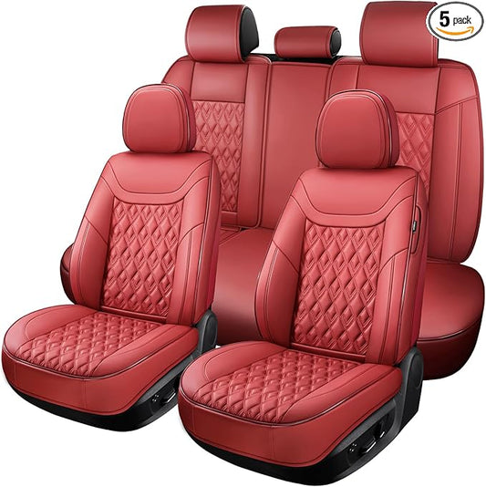 Car Seat Covers Full Set, Leather Seat Covers for Cars, Car Seat Protector Waterproof, Non-Slip Car Interior Covers Fit for Most Cars, SUV, Vans, Trucks,5Seaters,Full Set,Wine-Red