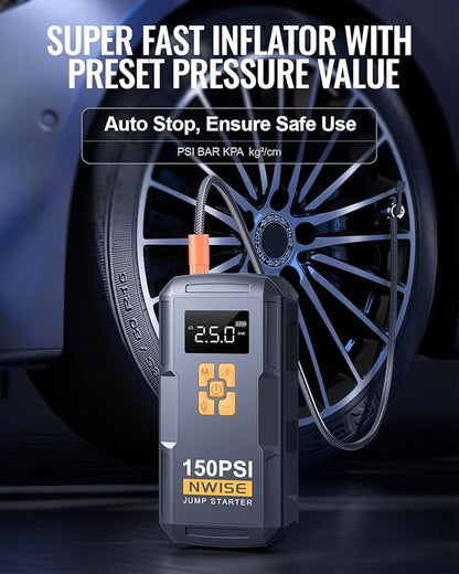 Portable Car Jump Starter with Air Compressor, 150PSI Jump Box Battery Pack with Digital Tire Inflator,12V Booster Pack with Large LCD Display, Emergency Light