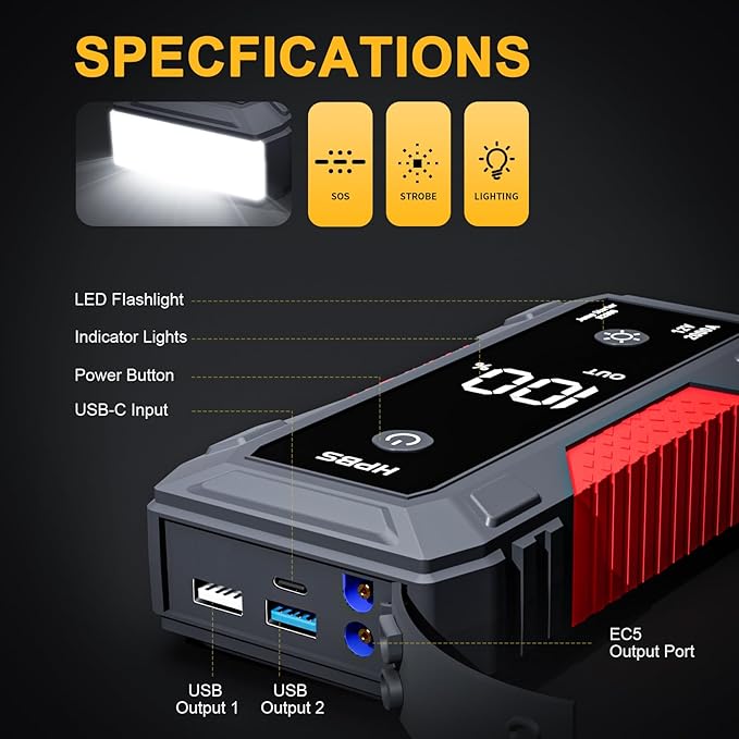 Jump Starter - 4000A Jump Starter Battery Pack for Up to 10.0L Gas and 8.0L Diesel Engines, Model H2000 12V Portable Car Battery Jump Starter Box with 3.0" LCD Display
