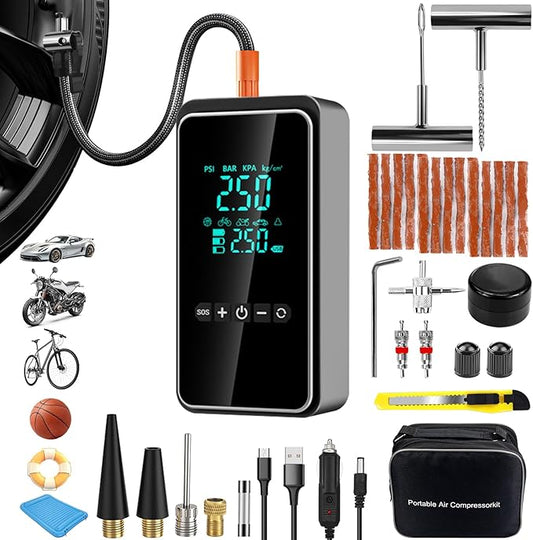 Tire Inflator Portable Air Compressor with Tire Repair Kit, 150PSI & 3X Faster Cordless Tire Pump with LCD Dual Display for Car, Bike, Motorcycle, Ball