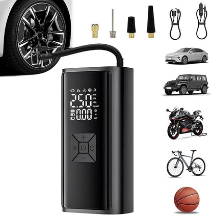 Tire Inflator Portable Air Compressor - Cordless Air Pump with Digital Tire Pressure Gauge, Accurate Dual LCD Display & LED Light, for Car/Motorcycle/E-Bike/Ball