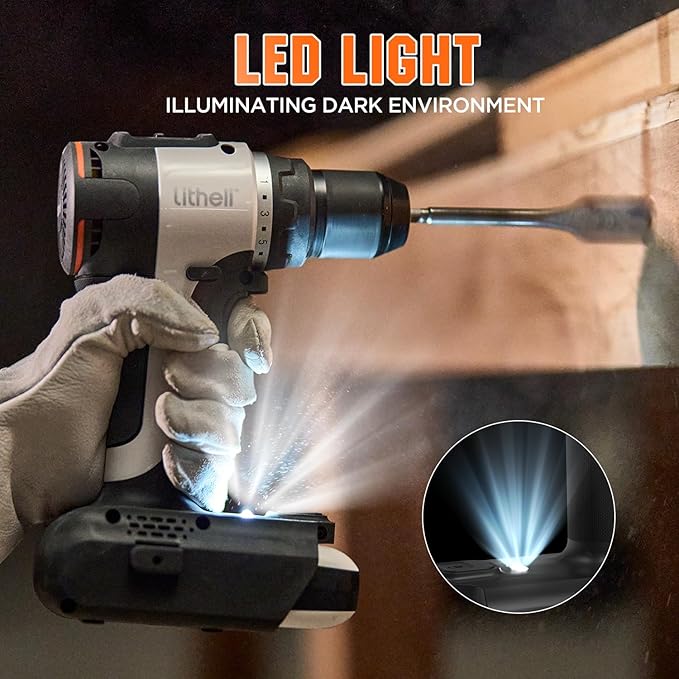 Litheli Cordless Drill Driver, Brushless Electric Power Drill with 2 Variable Speed, 1/2 Inch Keyless Chuck, 17+1 Clutch Settings with Maximum Torque of 530 In-lbs (Battery and Charger not Included)