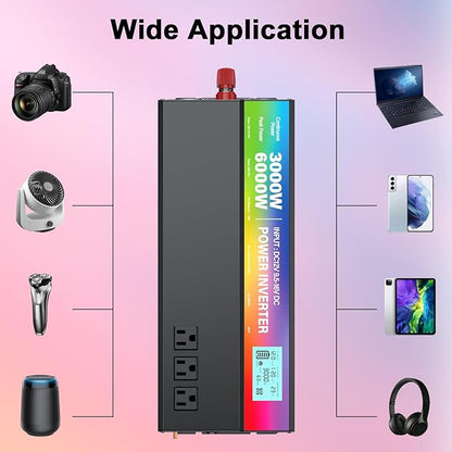 New Upgraded 3000 Watt Power Inverter,12V DC to 110V/120V AC Converter,6000W Peak Power with 3 AC Outlets,3.4A USB Port,LED Display Car Inverter for Vehicles,Truck,RV,Outdoor Activities,Solar System
