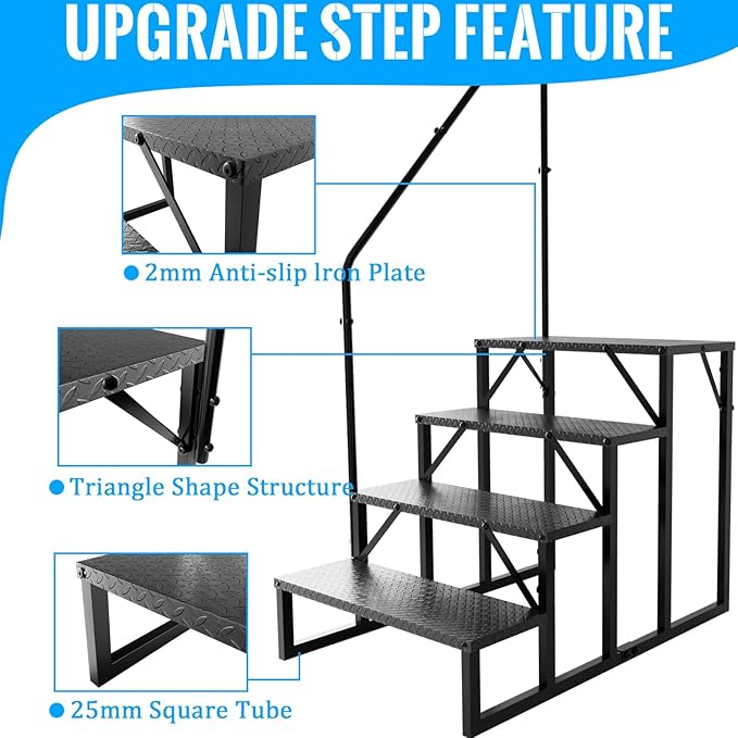 RV Stairs 4 Step Ladder, RV Steps Anti-Slip, Hot Tub Steps with Handrail, 660 lbs RV Ladder for 5th Wheel RV, Mobile Home Stairs