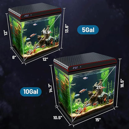 10 Gallon Glass Fish Tank Aquarium Starter Kit - Self-Cleaning with 3-Color LED Lights, Ultra-Quiet Pump & Filter, Smart Temperature Monitoring for Betta, Shrimp, and Tropical Fish