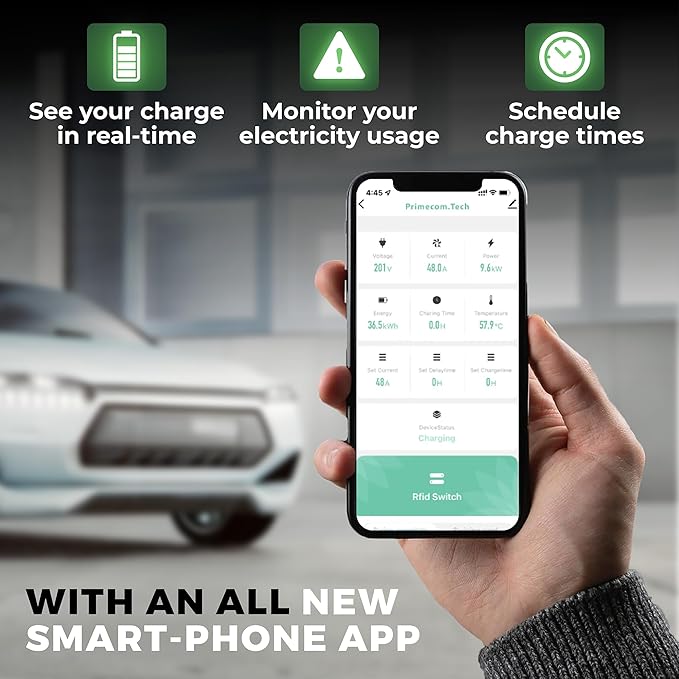 PRIMECOM 80 Amp 22KW 220Volt Level-2 18ft to 50ft Cord Lengths 20X Fast Smart Electric Vehicle EV Charging Station Ford Transit F-150 Lucid Air Polestar TeslaXS Taycan (50 Feet)