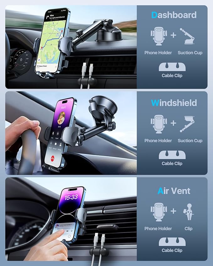 HTU [True Military-Grade] 2025 Upgraded Car Phone Holder 【Safety Certs & No Smell】 Cell Phone Holder for Car Mount for Dashboard Windshield Air Vent Long Arm Thick Case,Green
