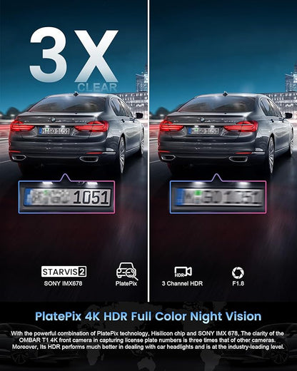 OMBAR T1 4K 3 Channel Dash Cam, STARVIS 2 IMX678 Sensors, Free 128GB Card, 2025 New Full Color HDR Night Vision, 4K+1080P+1080P Triple Car Camera,5G WiFi, 24H Parking Mode, Support 512GB Max