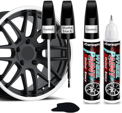 Black Rim Touch Up Paint. Wheel Scratch Repair Pen. Car Rim Paint Pen Quick And Easy Fix Rim Scratches,Rim Paint For Car Wheel Repair (2, Matte Black+Varnish)
