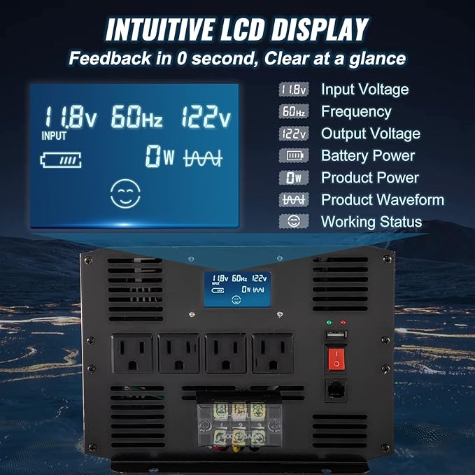 VEVOR Pure Sine Wave Inverter 3500 Watt Power Inverter, DC 12V to AC 120V Car Inverter, with USB Port LCD Display Remote Controller and AC Outlets (GFCI), for RV Truck Car Solar System Travel Camping