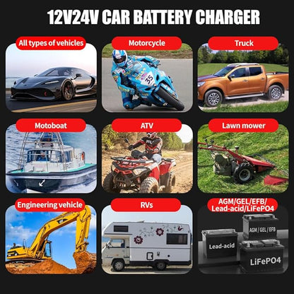 20-Amp Car Battery Charger, 12V/20A and 24V/10A LiFePO4,Lead-Acid(AGM/Gel/SLA) Automatic Smart Trickle Charger Maintainer,Desulfator, 300W Fast Charging for Automotive Truck Motorcycle Lawn Mower Boat