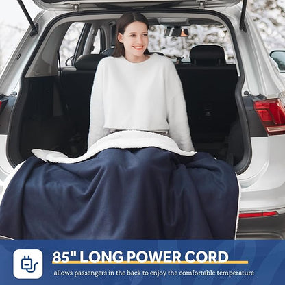 Sealy 12-Volt Heated Car Blanket, Portable Electric Blanket with 3 Heating Levels & 4 Hours Auto Off for Car, Truck, SUV, RV or Camping, Machine Washable, 59" X 43", Navy