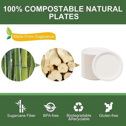WELLIFE 100% Compostable Paper Plates 7 Inch, 125-Pack Dessert Paper Plates Bulk, Biodegradable Bagasse,Eco-Friendly Disposable Plate Small for BBQ,Picnic,Party (BPI Certified,Microwaveable)