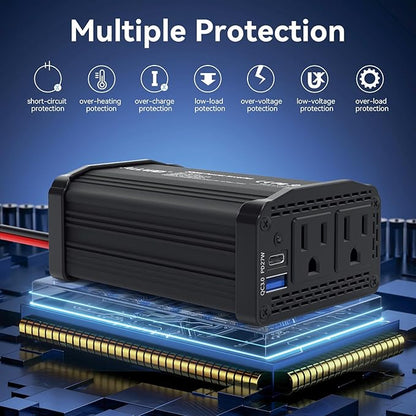 300W Car Power Inverter 12v to 110v, Car Plug in Adapter Outlet with PD 27w USB-C and Fast Charger 18w USB-A, Car Outlet Adapter, Car Converter to Outlet Plug, Power Inverters for Vehicles (Black)