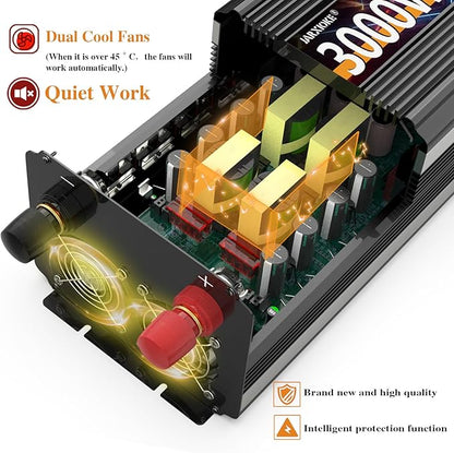3000W Power Inverter 12V DC to AC 110V/120V (Peak) 6000W Converter 3 sockets car Inverter with Remote Control and LED Display 3.4A USB Port
