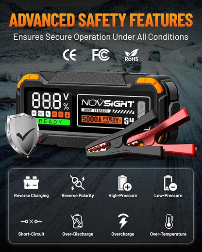 NOVSIGHT Car Battery Jump Starter - 5000A Portable Battery Jumper (12.0L Gas/10.0L Diesel) 12V Car Starter Jump Box with USB Type-C Quick Charge, Bulit-in Charge 3 Modes, Dual Color Lights(Orange)