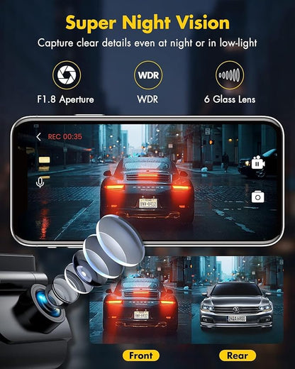 GKU Dash Cam Front and Rear Camera – 4K+1080P Dual Dash Camera for Cars with 64GB SD Card, 5GHz WiFi & App Control, Night Vision, Parking Mode, G-Sensor, Loop Recording, WDR, 170° Wide Angle