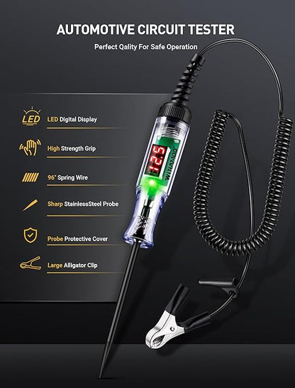 Automotive Test Light with 3-48V LED Digital Voltage Display, Auto Circuit Tester with Voltmeter & Dual Color Polarity Indicate, Electric Test Pen w/Stainless Probe for Car/Truck/SUV Checker