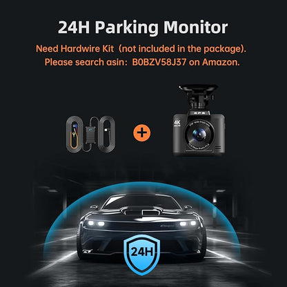 Dash Cam Front and Rear, Ecomoment 4K+1080P Dual Dash Camera for Cars, Built-in WiFi GPS Dashboard Camera, 2.4" IPS Screen Dashcam, 170° Wide, Night Vision, WDR, G-Sensor, 32GB SD Card Included