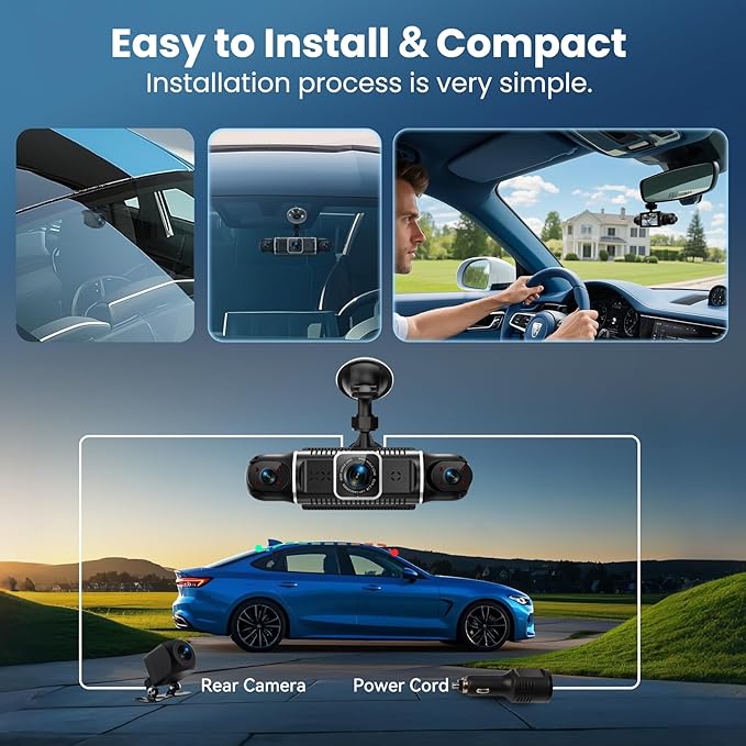 Dash Cam 4 Channel 360° Coverage - Front 4K + Triple 1080P HD Car Camera Built-in WiFi Car Camera with App, G-Sensor/Night Vision/Parking Mode/Loop Recording Free 64GB SD Card