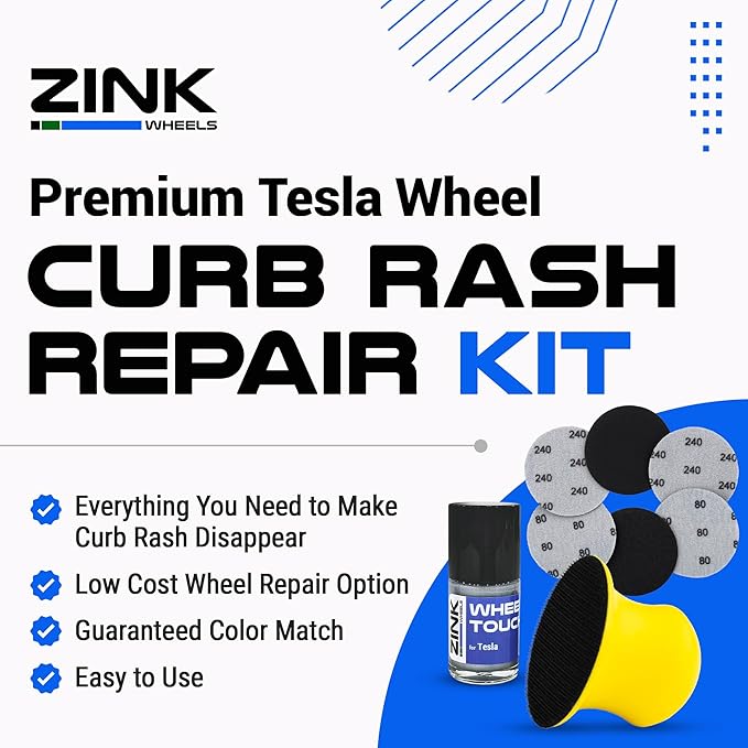 Premium Tesla Wheel Curb Rash Repair Kit for Model S 19-inch Silver Cyclone Rims - DIY Kit with Color-matched Touch Up Paint - Made in USA