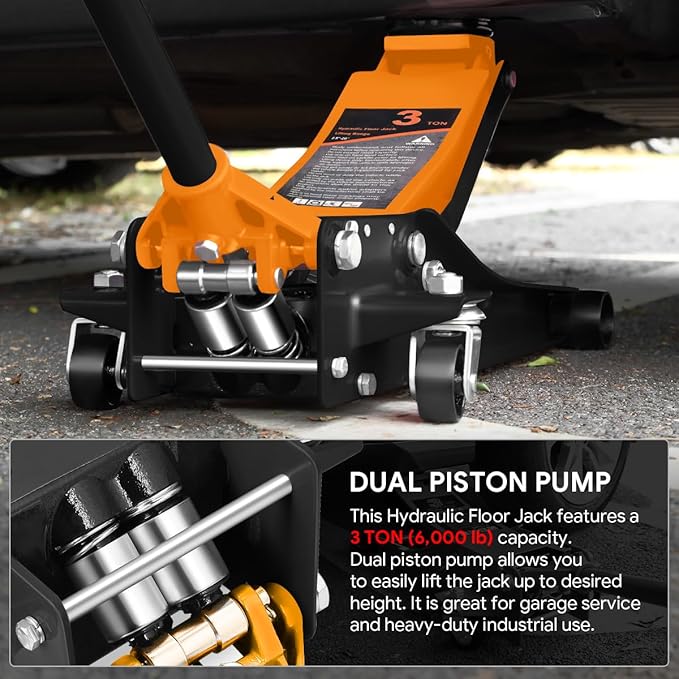 DNA MOTORING Low Profile Hydraulic Trolley Service/Floor Jack, 3 Ton (6000 lbs) Capacity Heavy Duty Hydraulic Car Jack, Lifting Range 3"-20", Orange, TOOLS-00475-OG