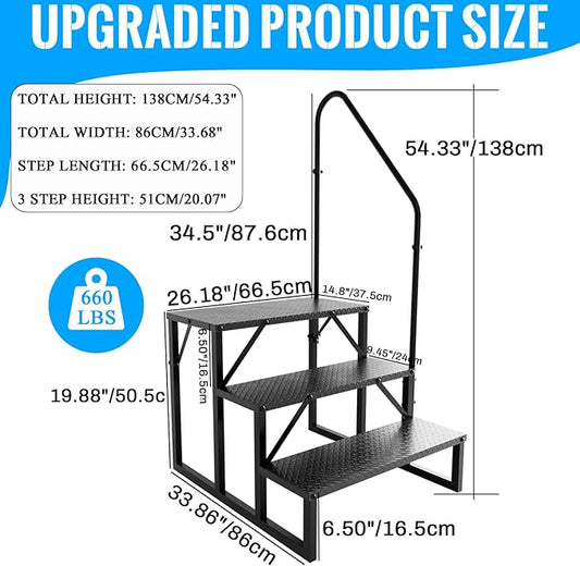 RV Step Stool, 3 Step Ladder, Hot Tub Steps with Handrail, Portable Pool Ladder, 660Lbs Heavy Duty Ladder Shelf Outdoor Mobile Home Stairs for Camper/Porch/SPA Pool/Pet Stairs(1 Pack)