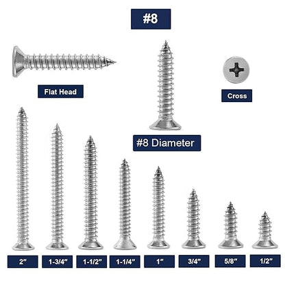 #8 x 1-3/4" Wood Screw 100Pcs 18-8 (304) Stainless Steel Screws Flat Head Phillips Fast Self Tapping Drywall Screws by SG TZH