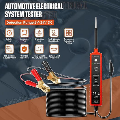 Power Short Circuit Probe Tester, 6V-24V LED Test Light, Short-Circuit Tracking Location and Buzzer Alarm, Automative Circuit Tester with Polarity & Continuity Test Function