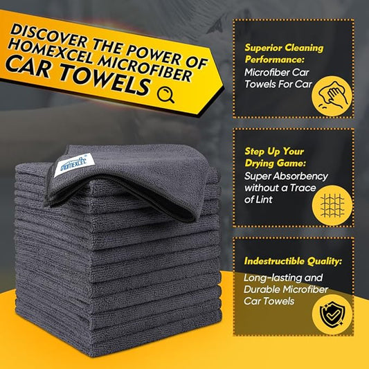 HOMEXCEL Microfiber Cleaning Cloth 12 Pack, 12.5 x 12.5 inch Microfiber Towels for Cars, Ultra Absorbent Car Washing Cloth, Lint Free Streak Free Cleaning Rags for Car, Kitchen, and Window (Grey)