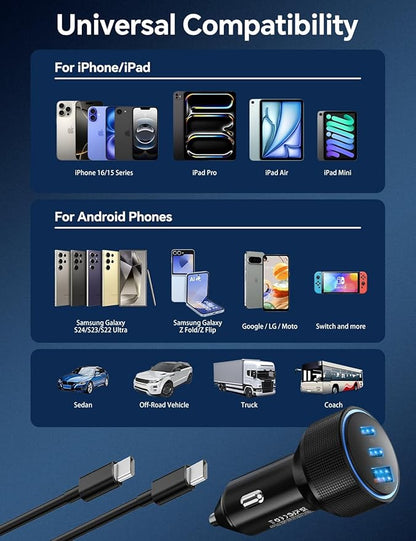 for iPhone 15/16 Pro Max Car Charger, 72W 3-Port Fast USB C Car Charger Power Cigarette Lighter Adapter with 2x3FT USB C to C Cable for iPhone 15/15 Plus/15 Pro Max/16/16 Pro Max, iPad Pro/Air/Mini