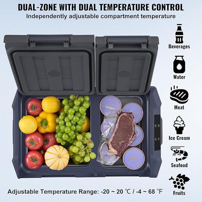 VEVOR NLS45, 12 Volt Car Refrigerator Fridge, 32 L Dual Zone Portable Freezer, -4℉-68℉ Adjustable Range, 12/24V DC and 100-240V AC Compressor Cooler for Outdoor, Camping, RV, Bule and grey