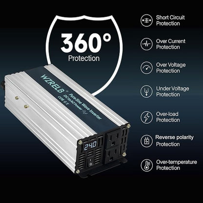 WZRELB 1200W Pure Sine Wave Inverter 24V DC to 110V 120V AC Power Converter with LED Display, Off-Grid Portable Power Inverter with 2 AC Outlets for Home, RV, Truck, Camping