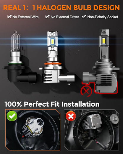 [2025 Upgrade] 9005 Bulbs [Latest & Brightest] 40000lm 800% Brighter 1:1 Mini Size Design With 6000k Cool White，Direct Installation Fog Light Bulbs Plug and Play, Pack of 2