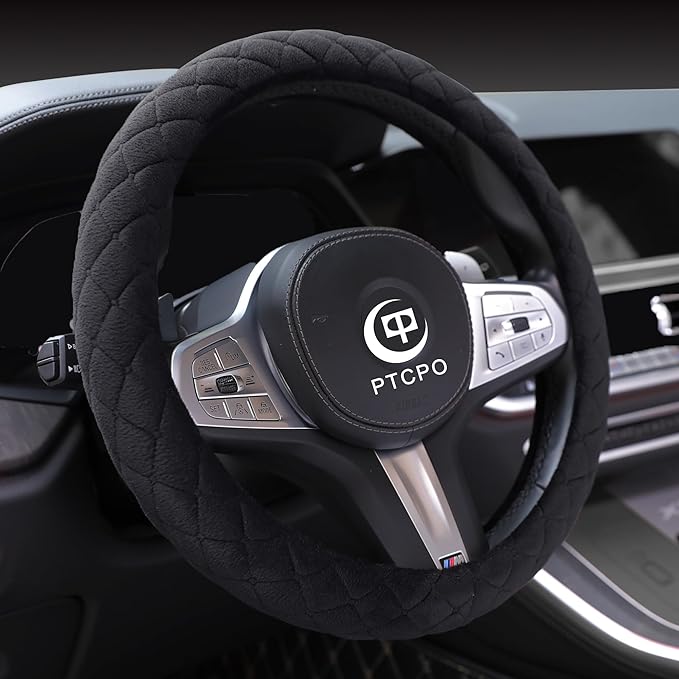 Soft Car Steering Wheel Cover for Sedan, SUV, Warm Luxury Velvet, Odorless, Universal, Anti Slip, Summer Winter, Black, Large Size[15" 1/2-16"](39-41cm)