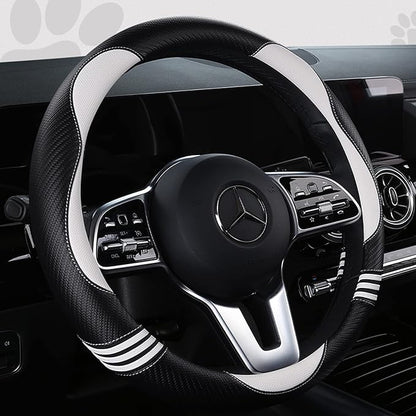 Car Steering Wheel Covers for Women Girl Padded Carbon Fiber PU Leather Cute Cartoon Auto Interior Accessories for Jeep, Truck, Universal, Anti Slip, White, Large Size 15.5-16"(39-41cm)