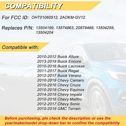 Key Fob Replacement for 2014-2019 Buick Encore/ 10-12 Allure/ 10-16 Lacrosse/ 11-17 Regal/ 12-17 Verano/ 10-19 Chevy Equinox Camaro/ 11-16 Cruze Malibu/ 14-19 Impala/ 12-17 Sonic Keyless,2Pcs