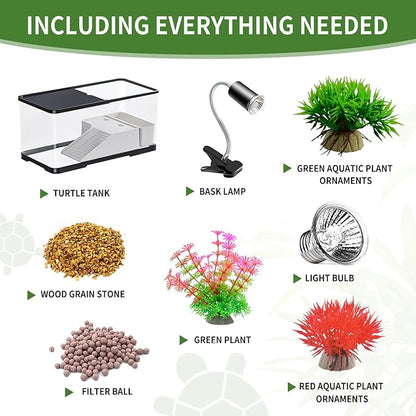 (Tank + Light + Filter Balls) Turtle Tank Kit, Turtle Tank Starter Kit,Bottom Drainage, Multi-Function Areas for Turtles, Crabs,Fishes, Amphibians,Reptiles.(11.81 × 7.88 × 7.88 Inch)