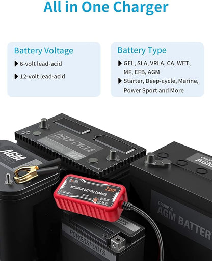 [2-Pack] FOVAL 2-Amp Car Battery Charger, 6V and 12V Portable Automatic Smart Charger, Battery Maintainer, Trickle Charger and Battery Desulfator for Car Lawn Mower Motorcycle Boat Lead Acid Batteries