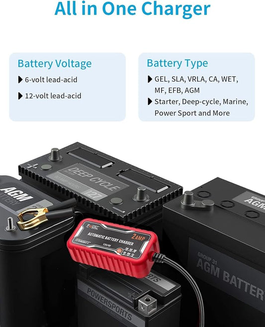 [2-Pack] FOVAL 2-Amp Car Battery Charger, 6V and 12V Portable Automatic Smart Charger, Battery Maintainer, Trickle Charger and Battery Desulfator for Car Lawn Mower Motorcycle Boat Lead Acid Batteries