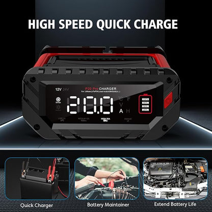 20-Amp Car Battery Charger, 12V/24V Smart Automotive Charger, Battery Maintainer, Trickle Charger for Car, Motorcycle, Boat, Lead-Acid, Lithium, LiFePo4 Battery